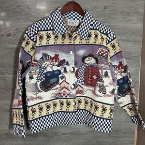 Keren Hart Tapestry Jacket Snowman Button Up Size Medium Candy Cane Collared